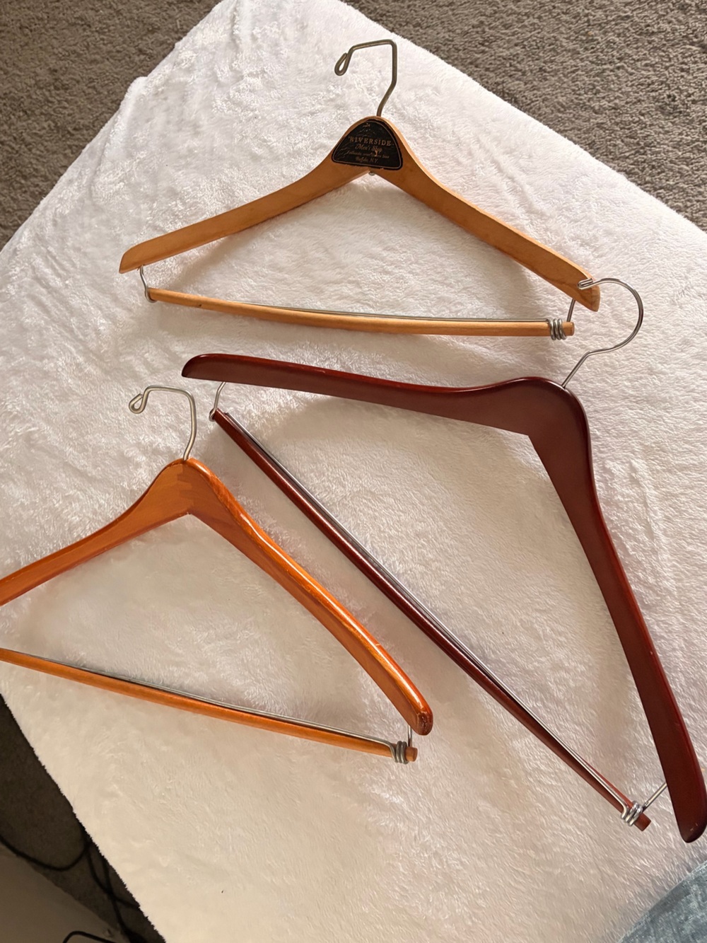 3 VINTAGE SOLID WOOD STURDY SUIT & COAT HANGERS W/ PANT HANGER, 1 BUSINESS NY